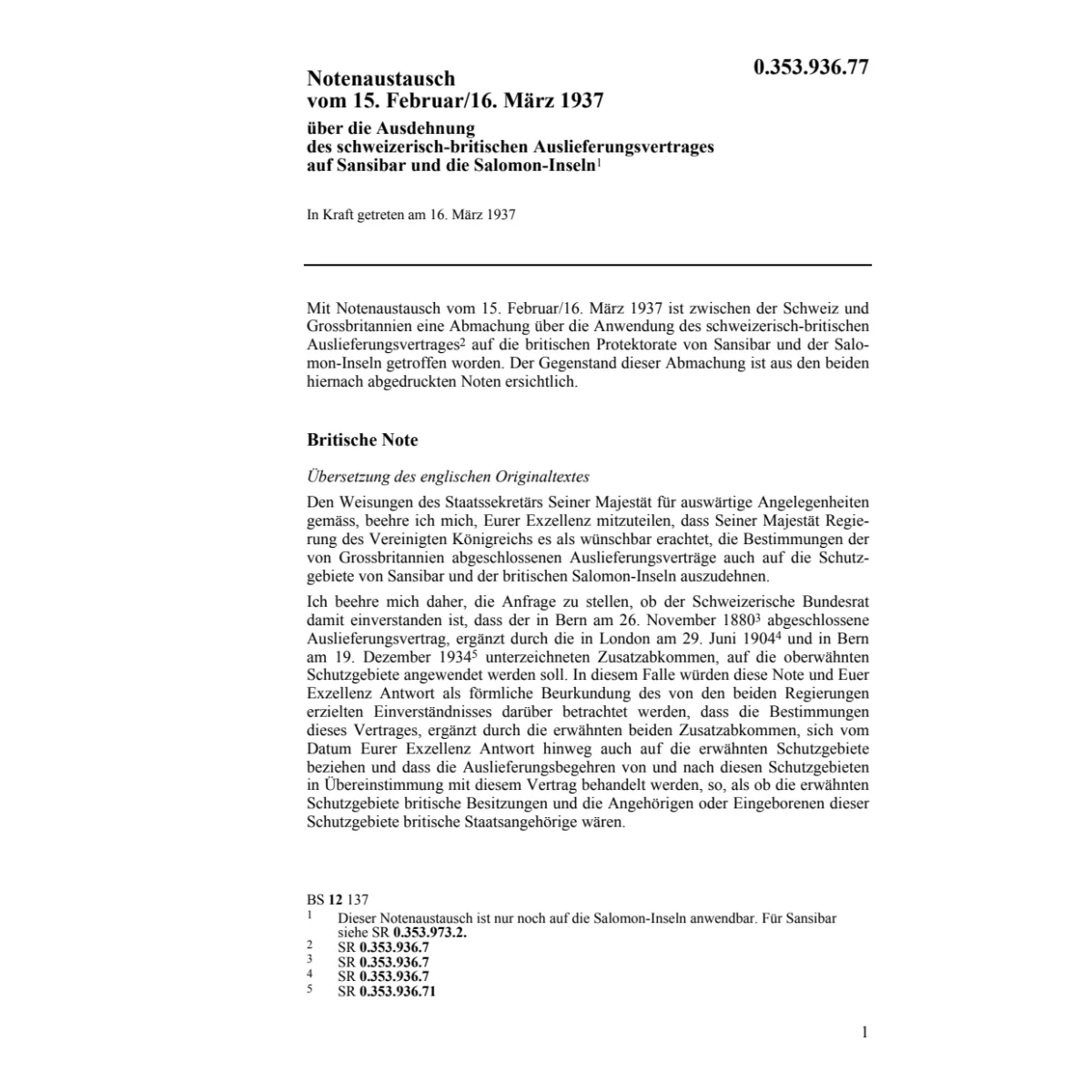 Notenaustausch CH-GB Auslieferungsvertr.