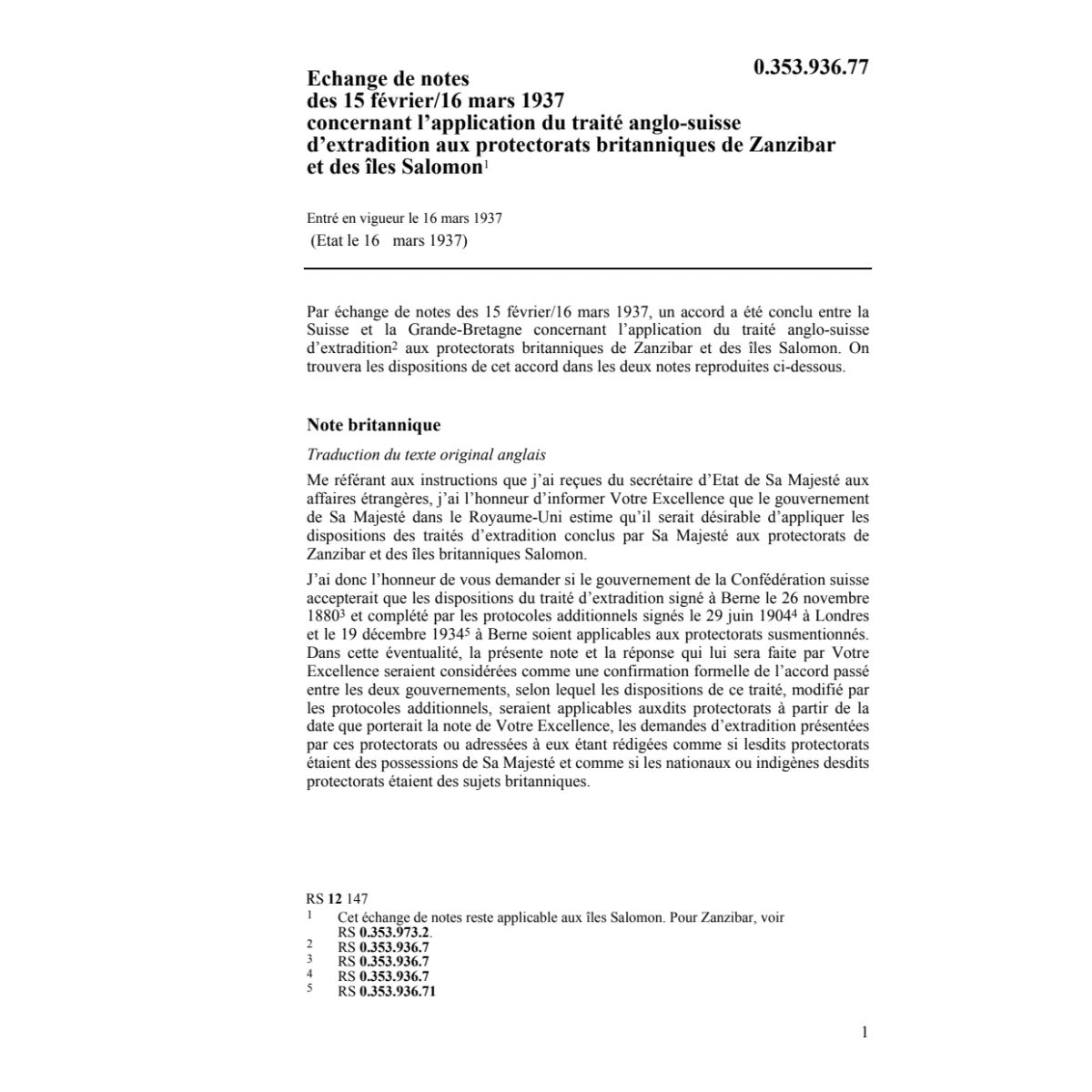 Echange notes CH-GB extradition protect.