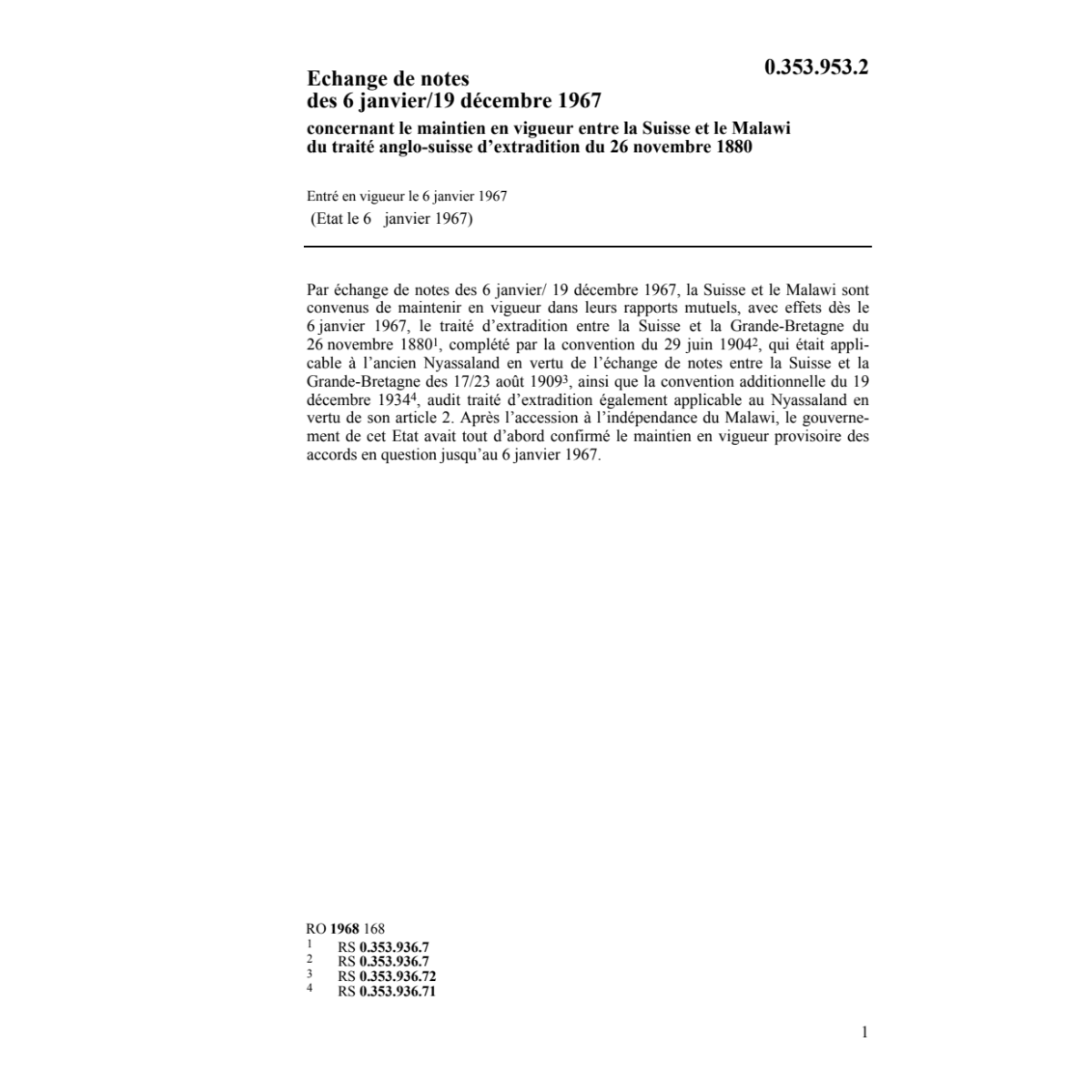 Echange notes CH-Malawi extradition