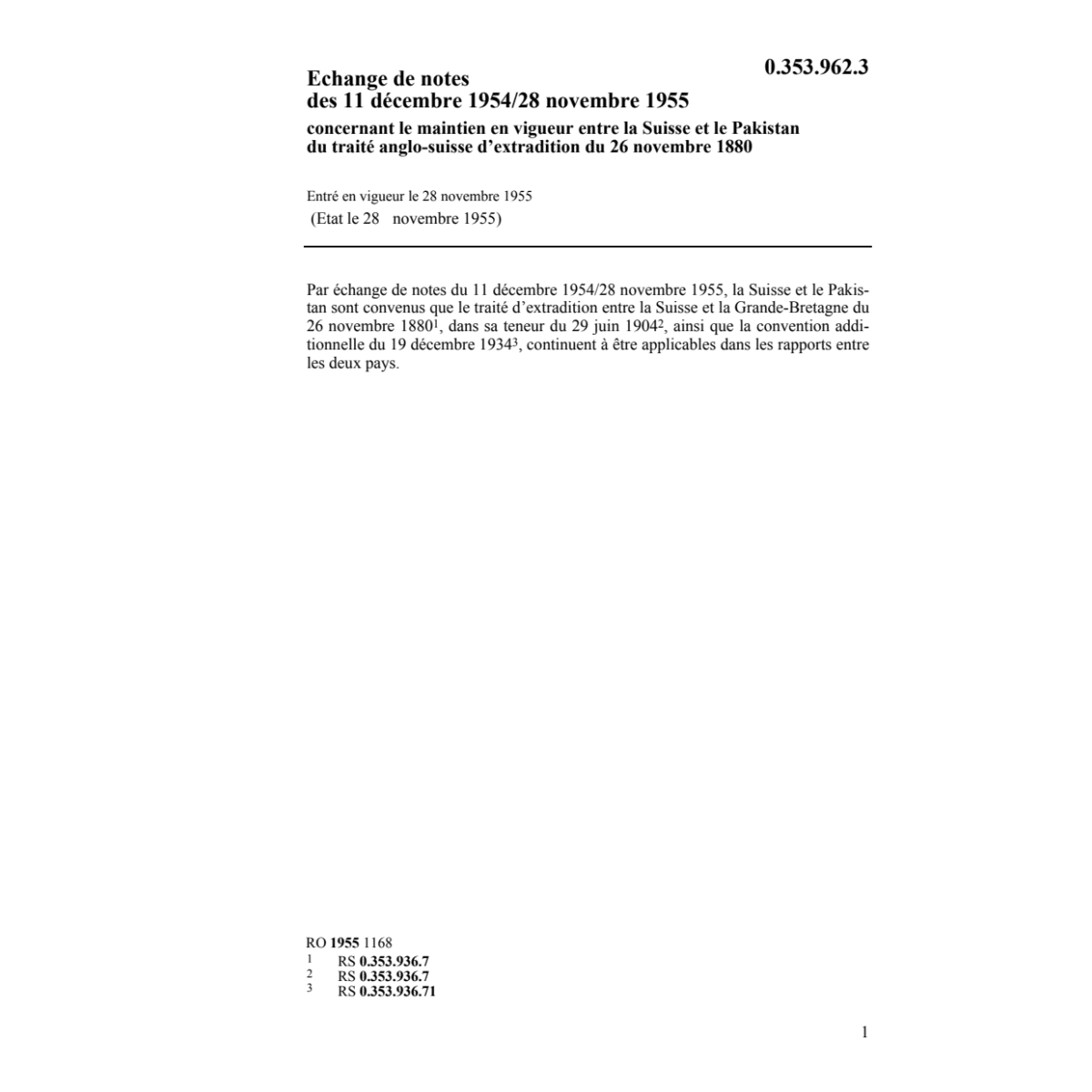 Echange notes CH-Pakistan extradition