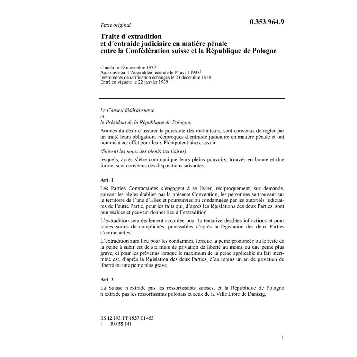 Traité extradition CH-Pologne