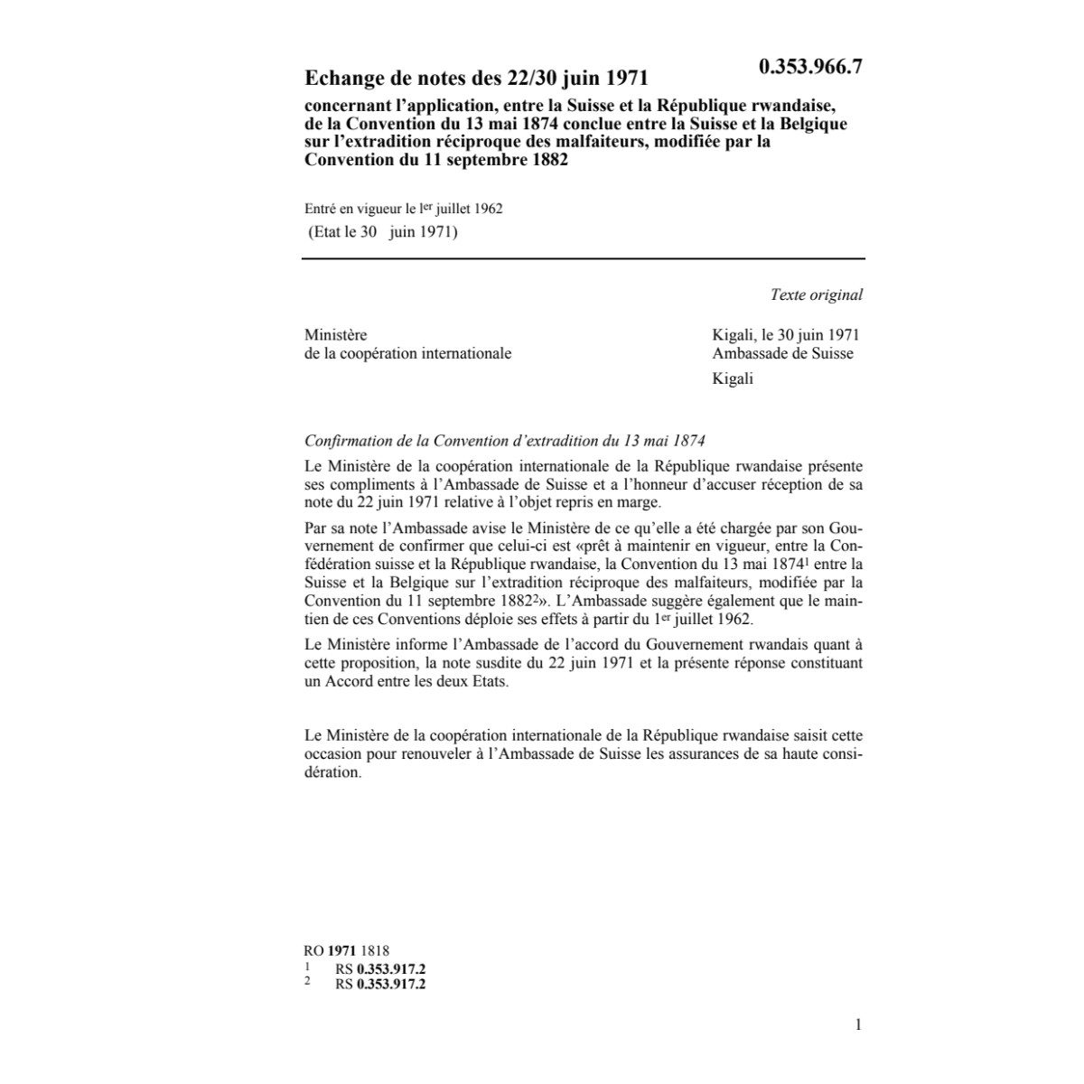 Echange notes CH-Rwandaise extradition
