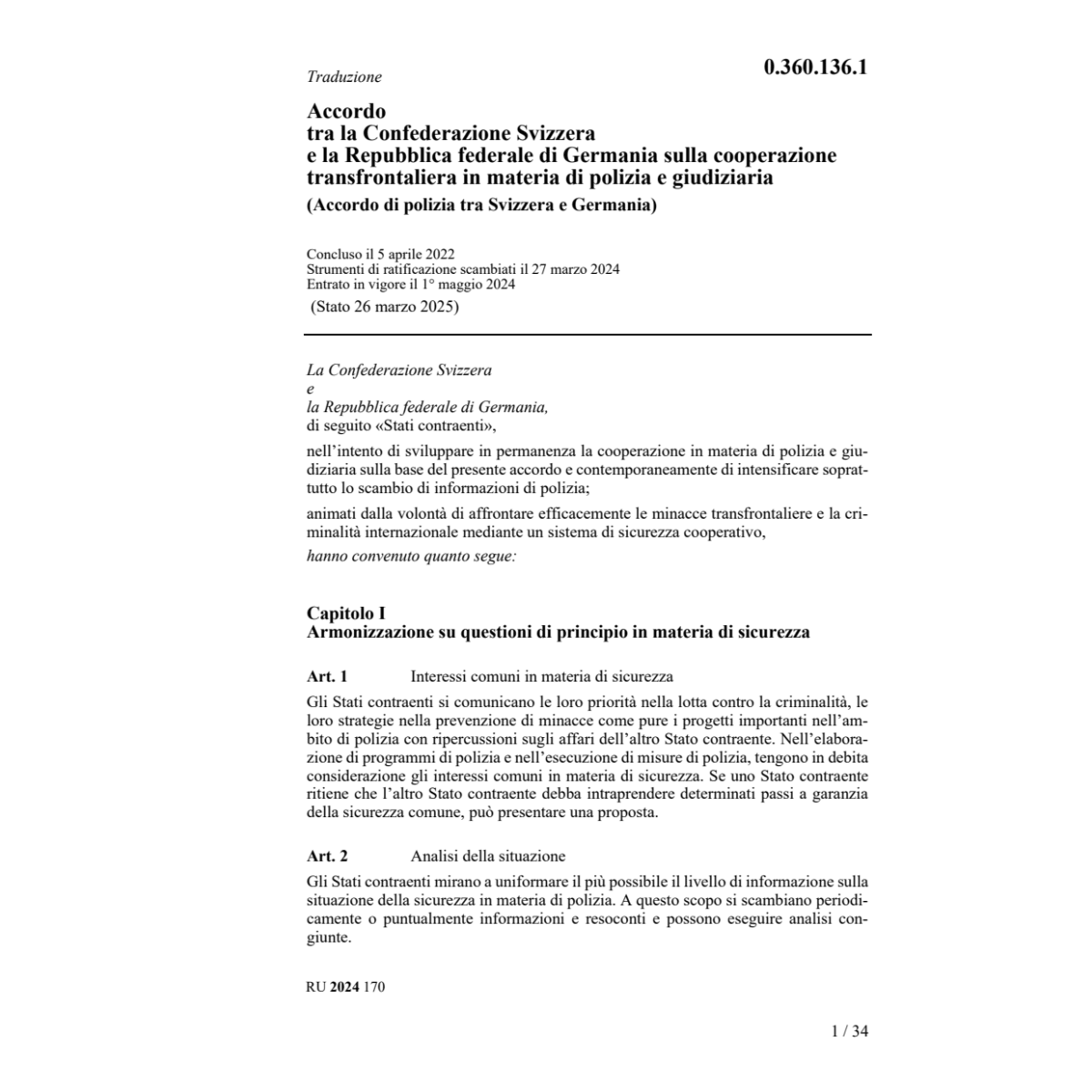 Accordo CH-D cooperazione polizia