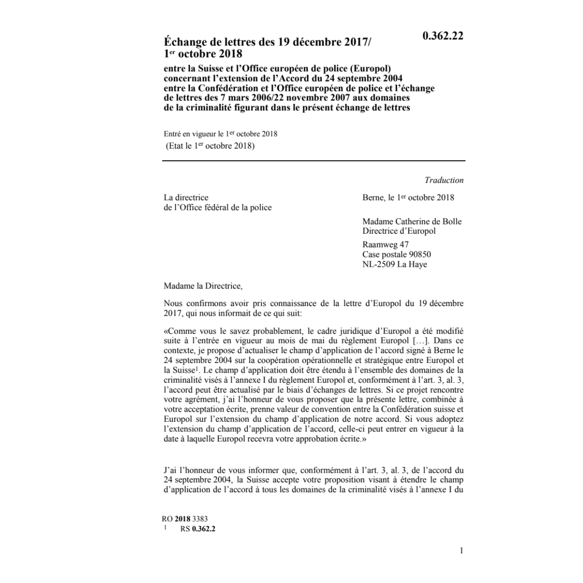 Échange de lettres Suisse et Europol