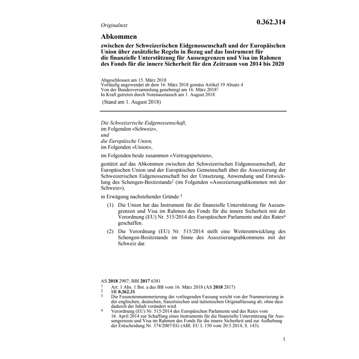 Abk. 15.03.18 CH-EU Aussengrenzen Visa