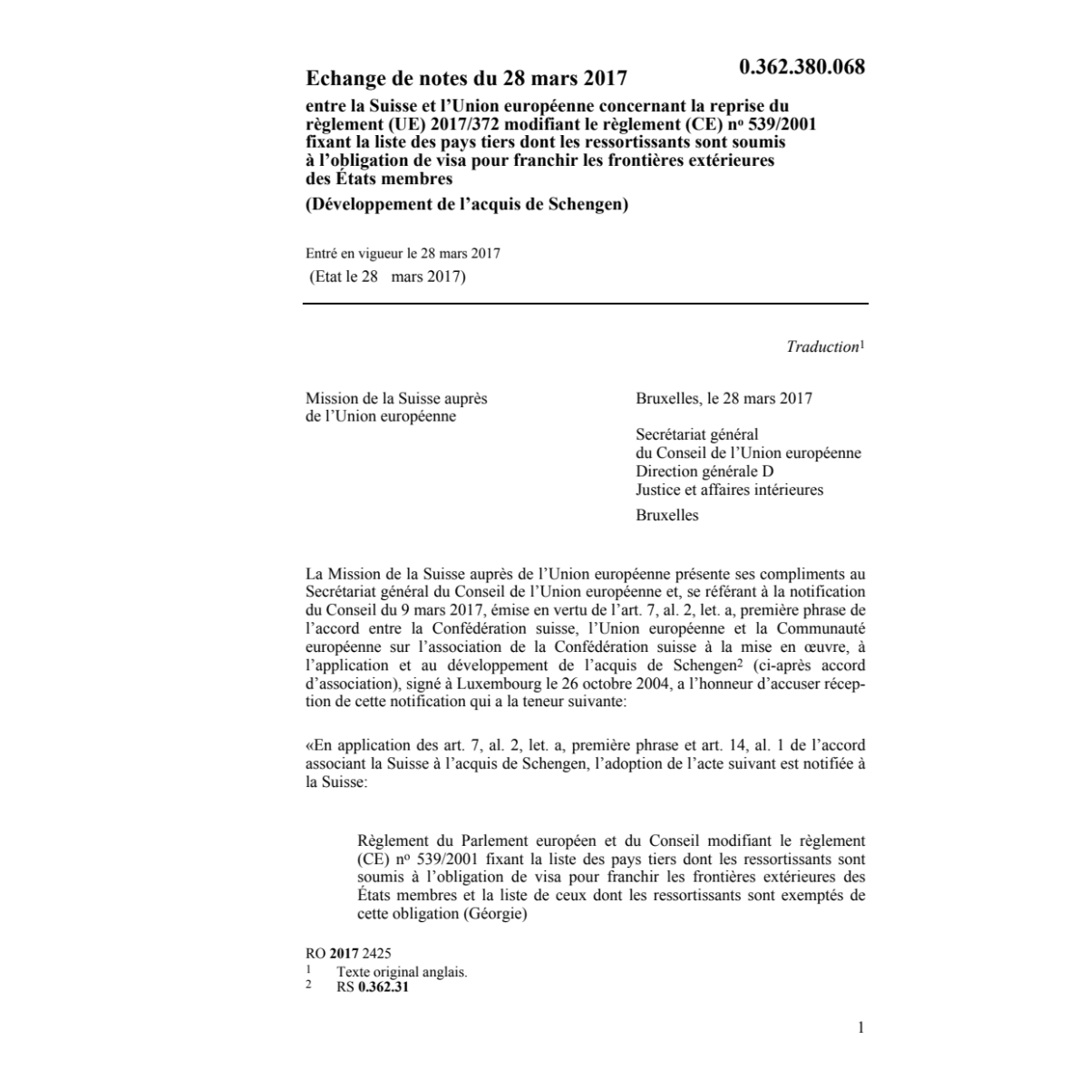 Echange de notes CH - UE règl. 2017/372