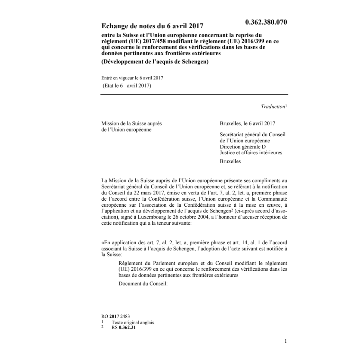 Echange notes 6.4.17 CH/UE 2017/458...