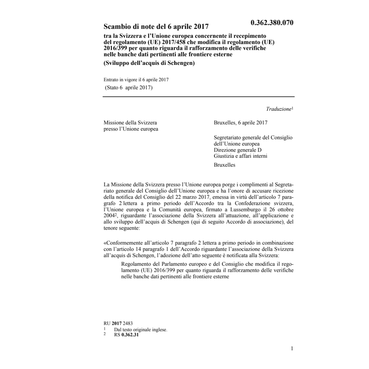 Scambio note 6.4.17 CH/UE  2017/458...
