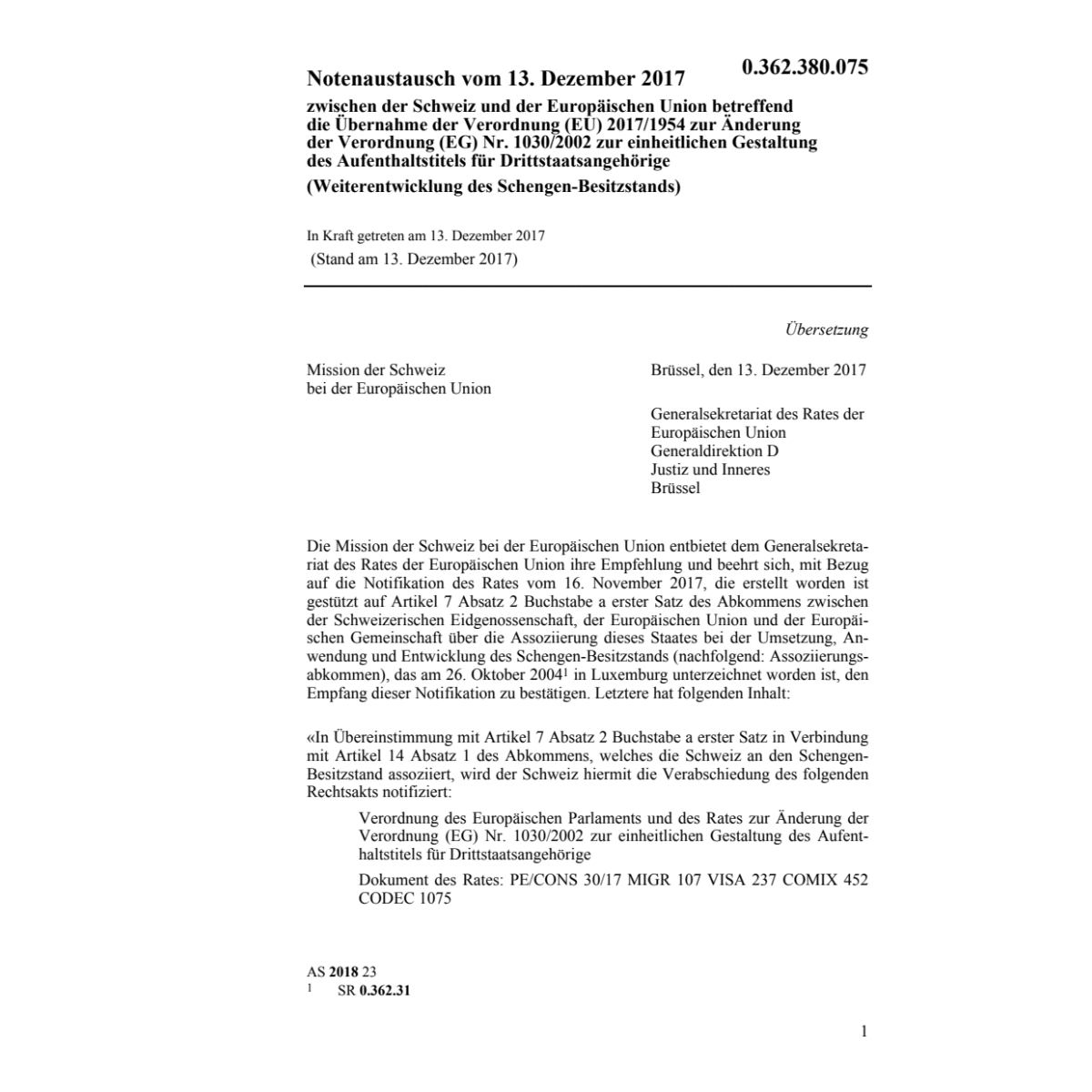 Notentausch CH-EU Schengen-Besitzstand