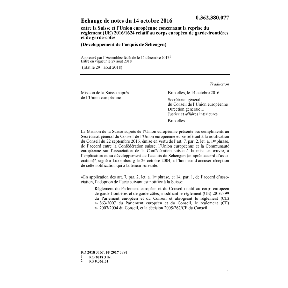 Echange notes 14.10.16 CH/UE