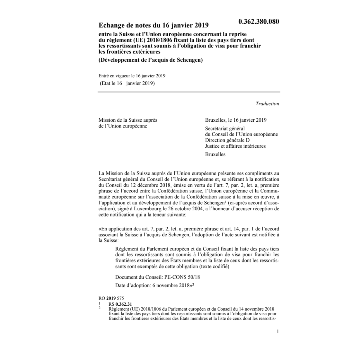 Echange notes 16.1.19 Suisse Union europ
