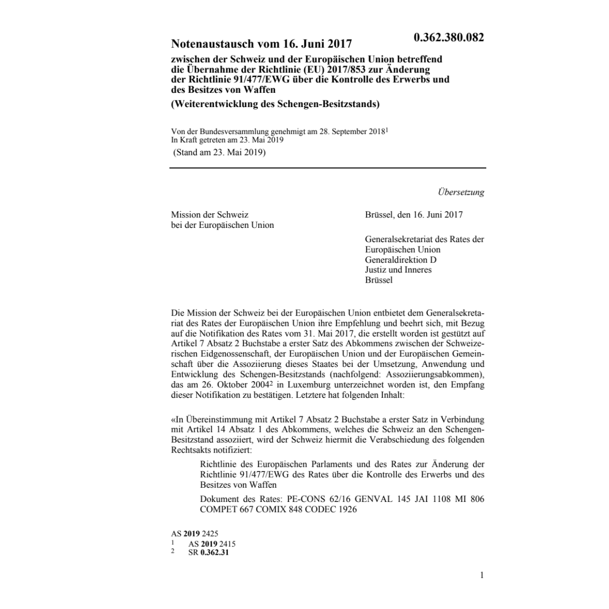 Notenaustausch CH-EU 2017/853 91/477/EWG