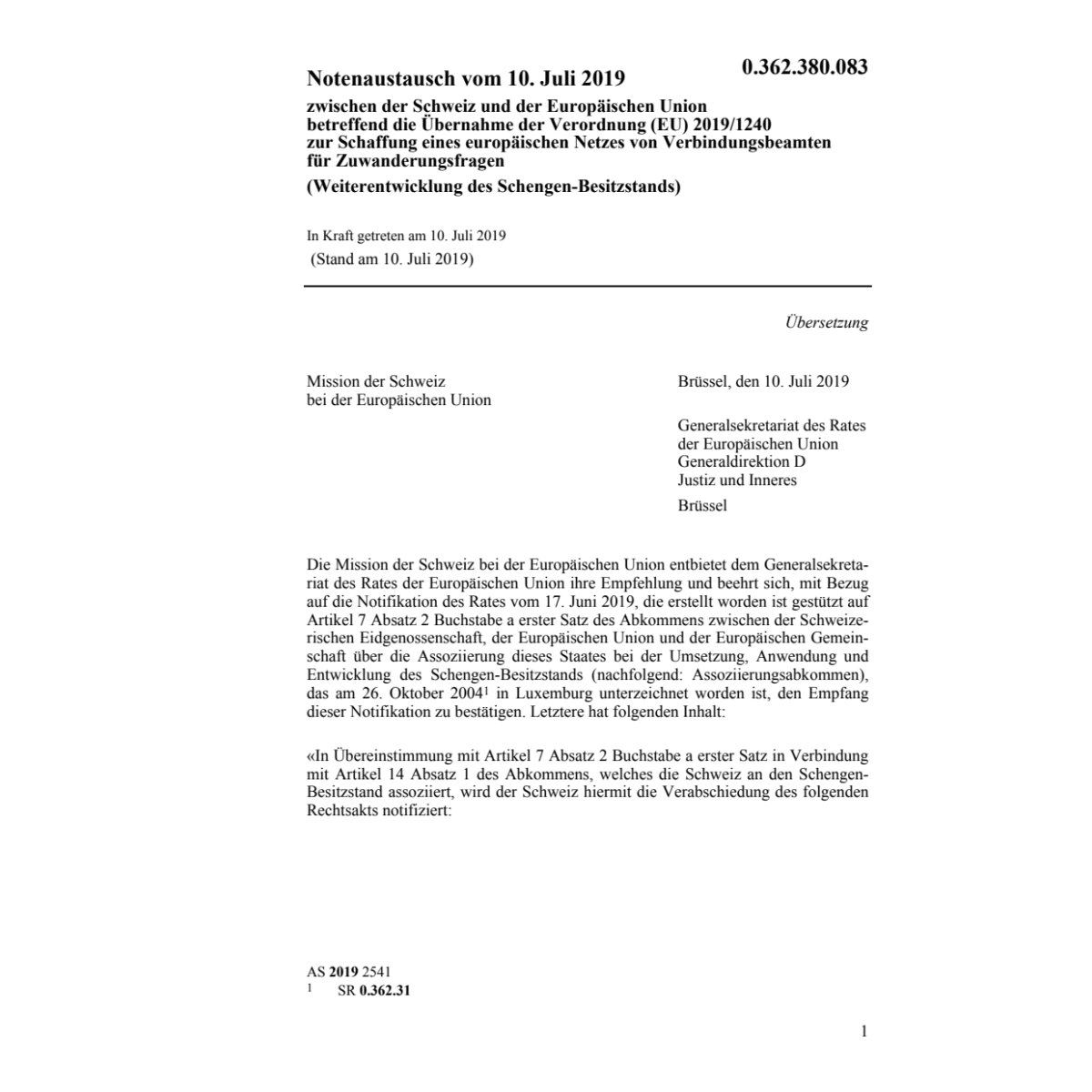 Notenaustausch CH-EU (EU) 2019/1240