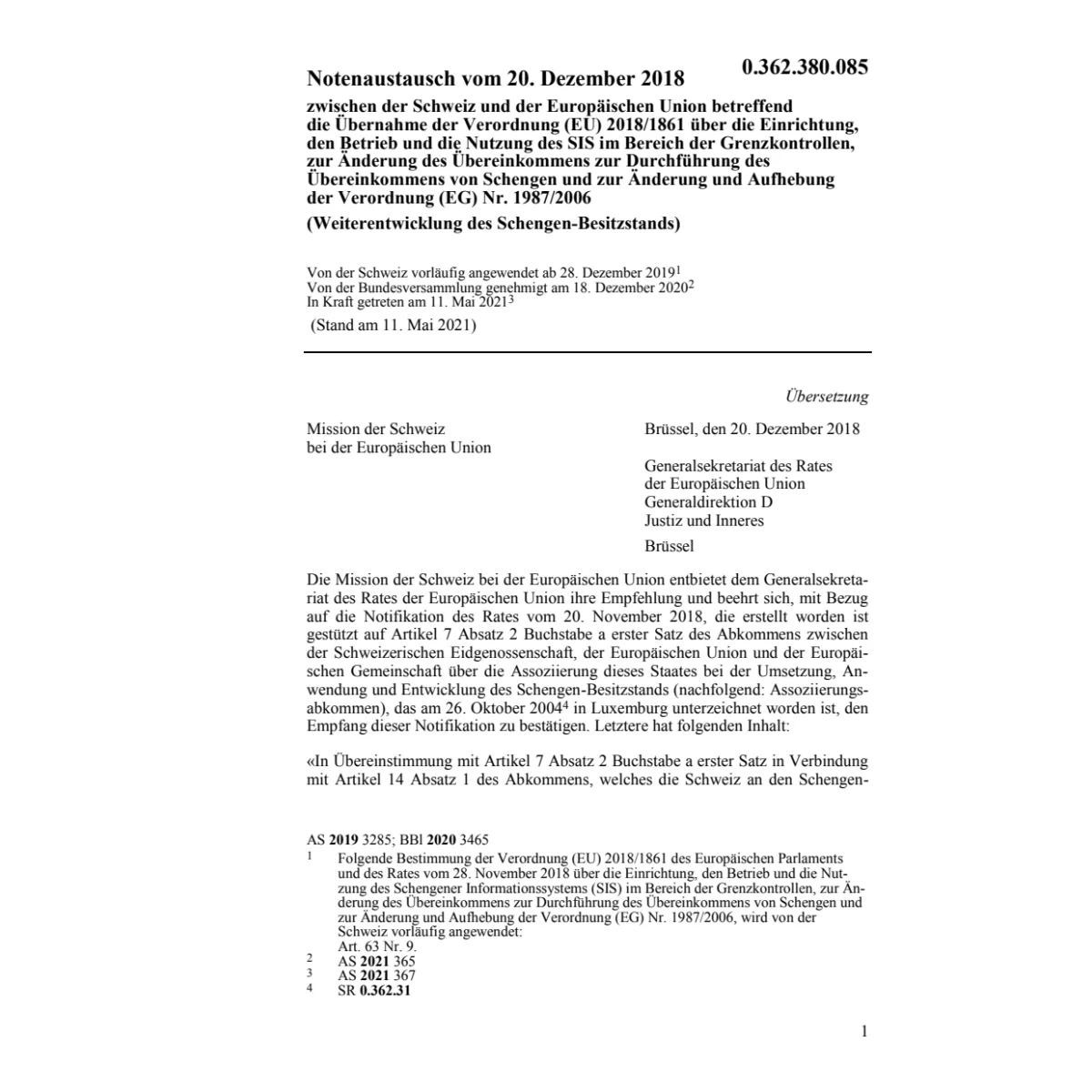 Notenaustausch CH/EU V EU 2018/1861