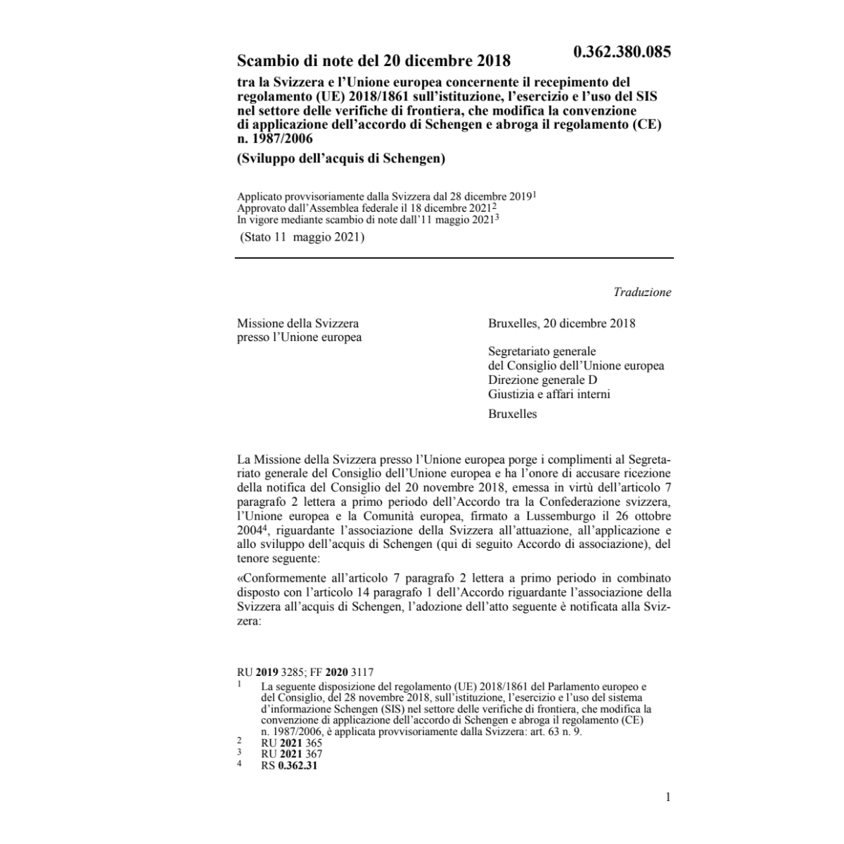 Scambio note CH/UE Regol. UE 2018/1861