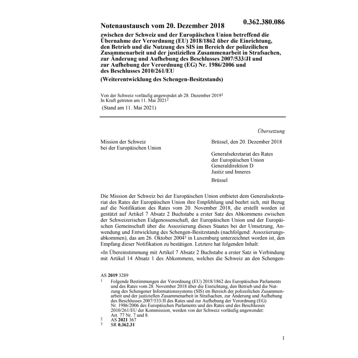 Notenaustausch CH/EU V EU 2018/1862