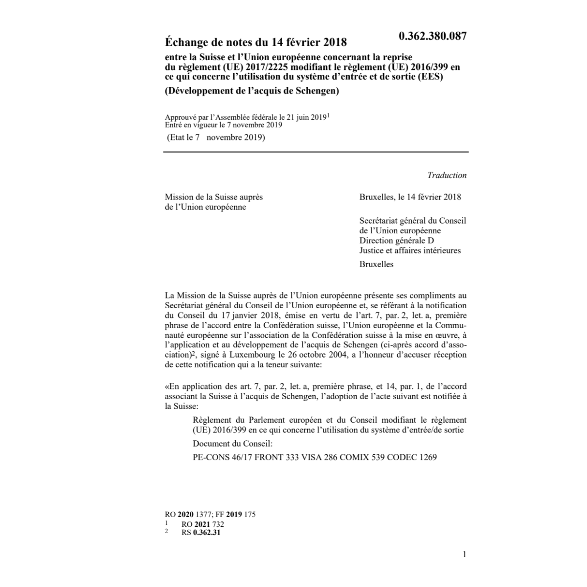 Échange notes 14.2.18 Suisse et Union eu