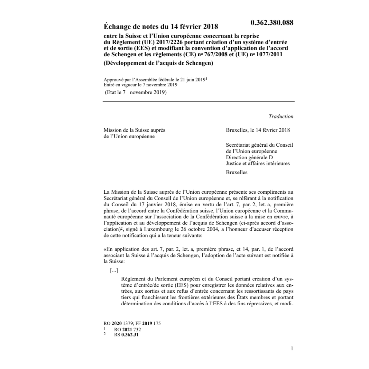 Échange notes 14.2.18 Suisse et Union eu