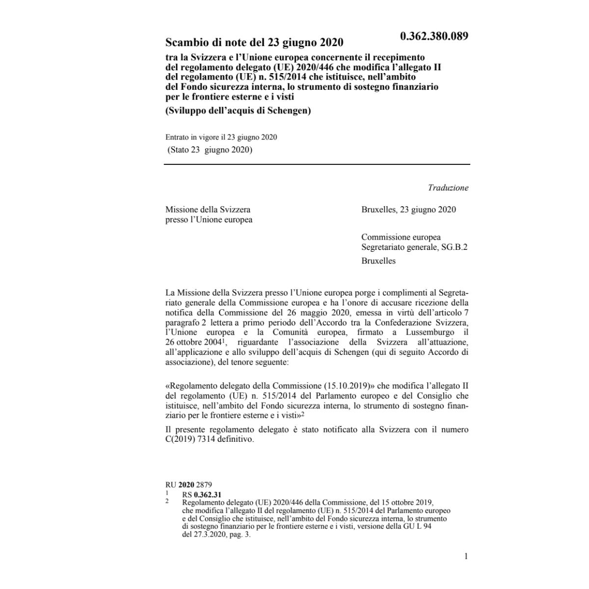Scambio di note (UE) n. 515/2014