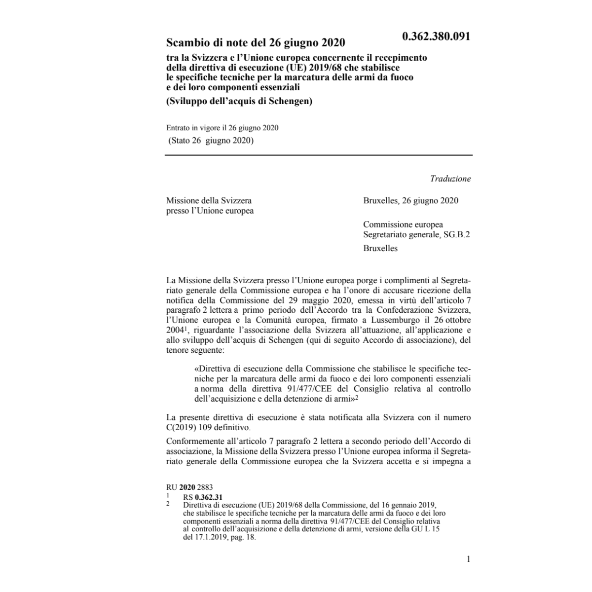 Scambio di note (UE) 2019/68