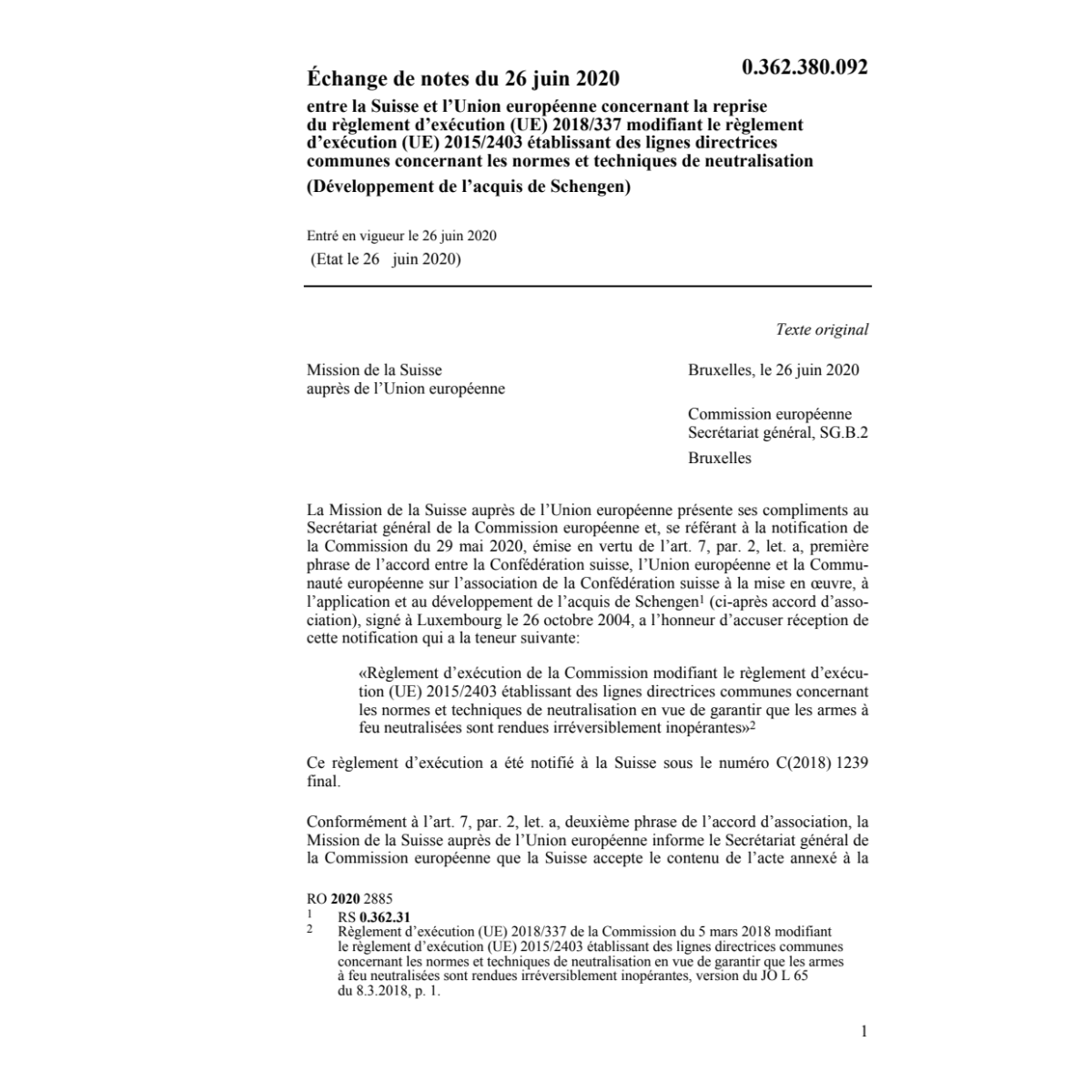 Echange de notes mod. (UE) 2015/2403