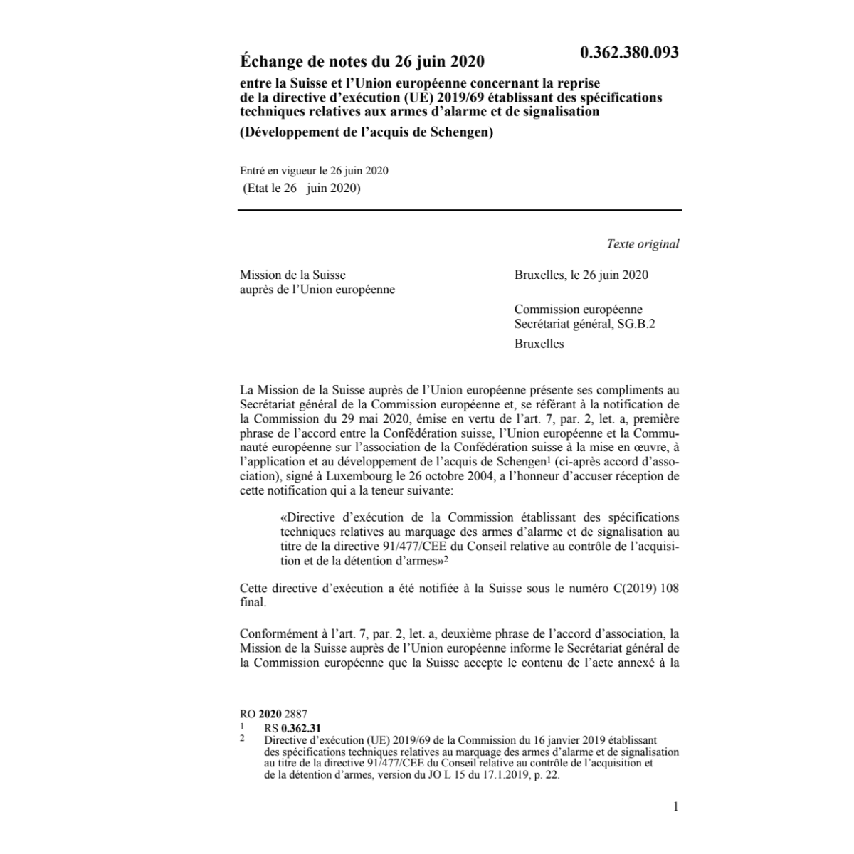 Echange de notes (UE) 2019/69