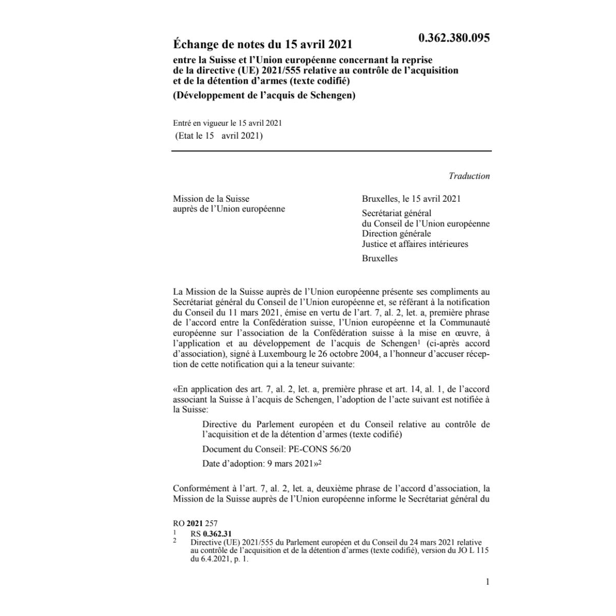 Échange notes 15.4.21 Sui Union europ.