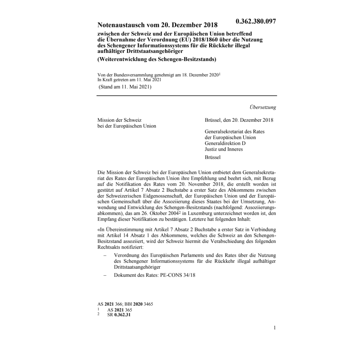 Notenaustausch Schweiz-EU (EU) 2018/1860