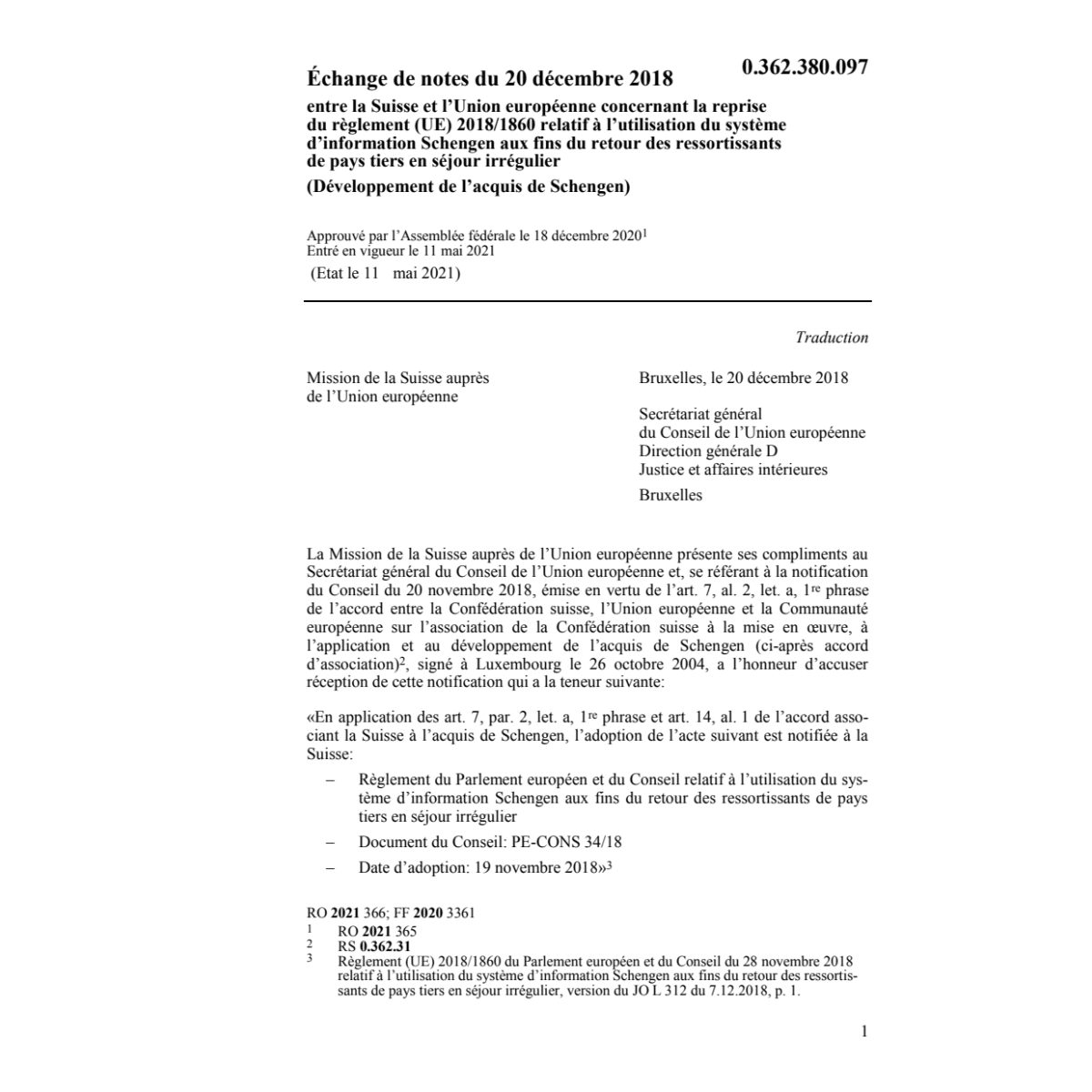 Échange de notes CH-UE (UE) 2018/1860