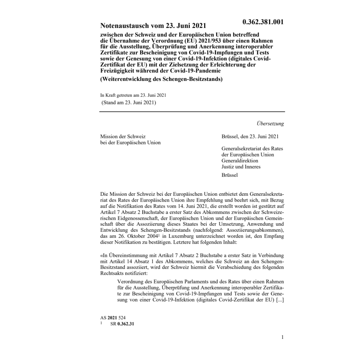 Notenaustausch 23.6.21 Schweiz Eu Union