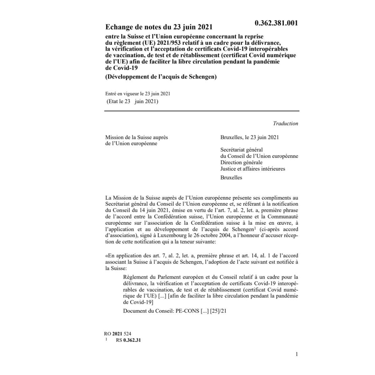 Echange notes 23.6.21 Suisse Union europ