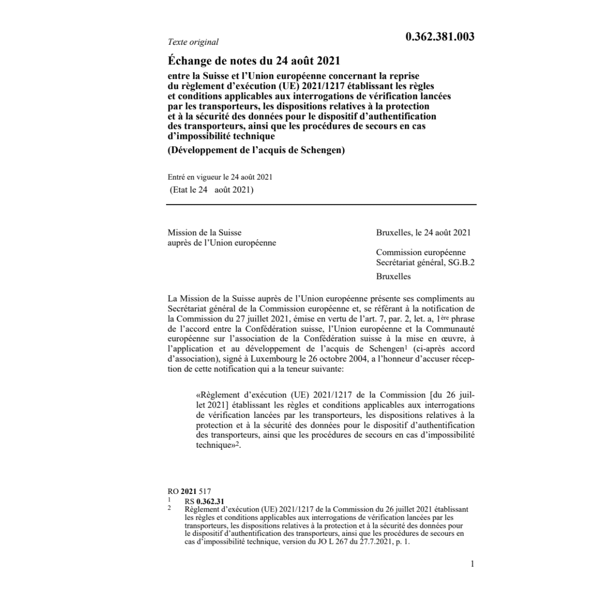 Échange de notes (UE) 2021/1217