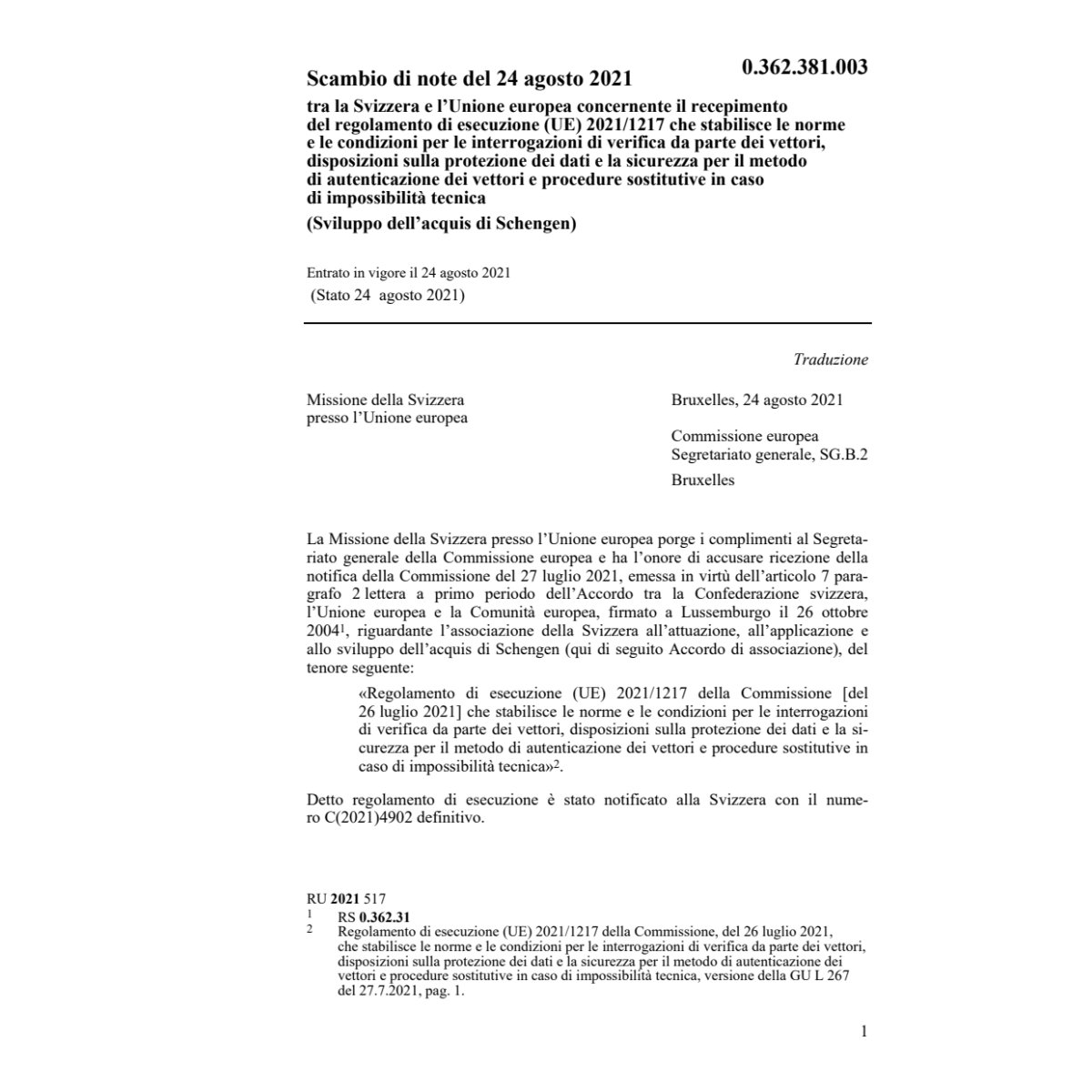 Scambio di note (UE) 2021/1217