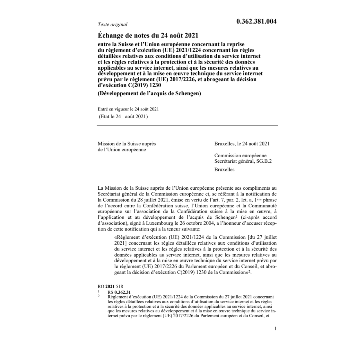 Échange de notes (UE) 2021/1224