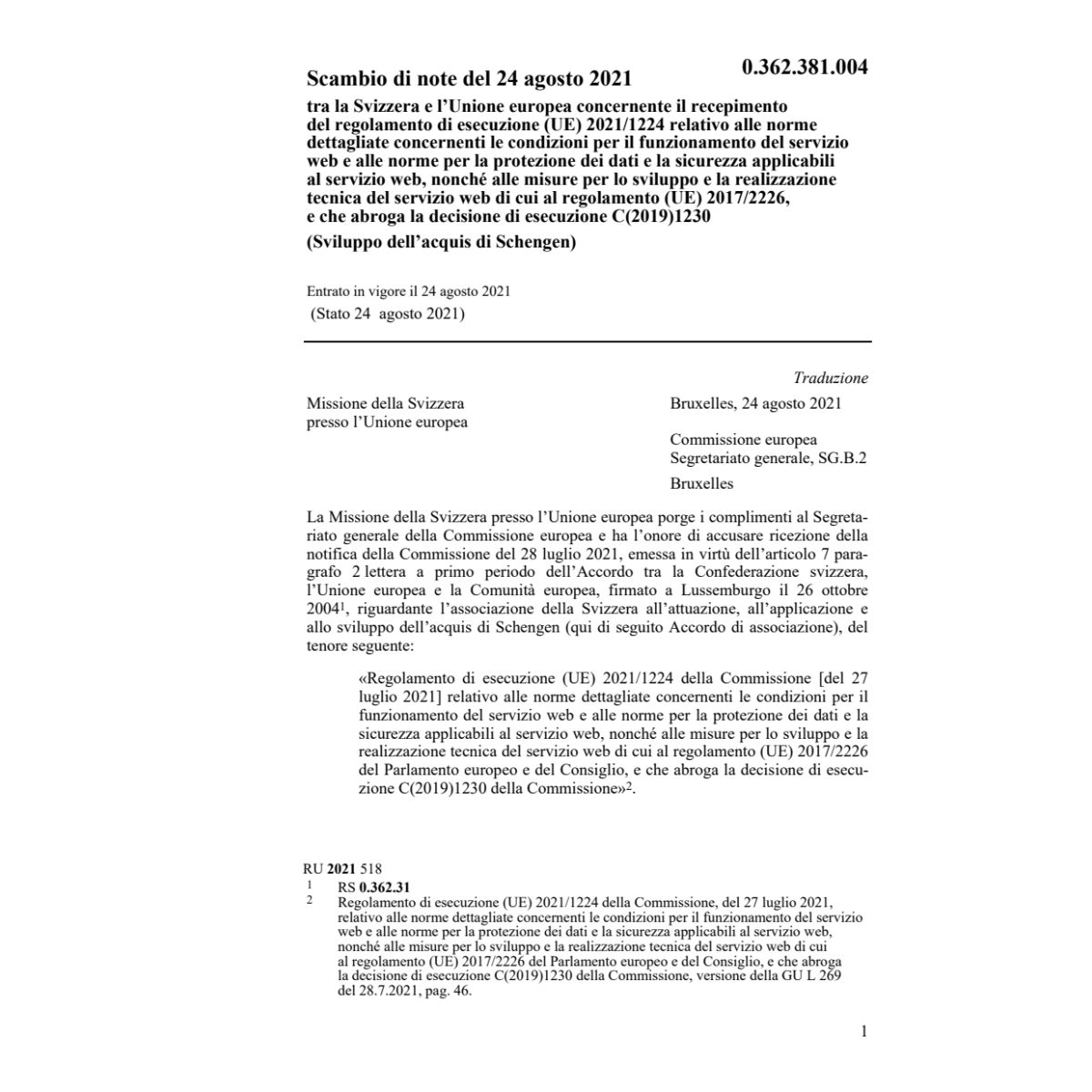 Scambio di note (UE) 2021/1224