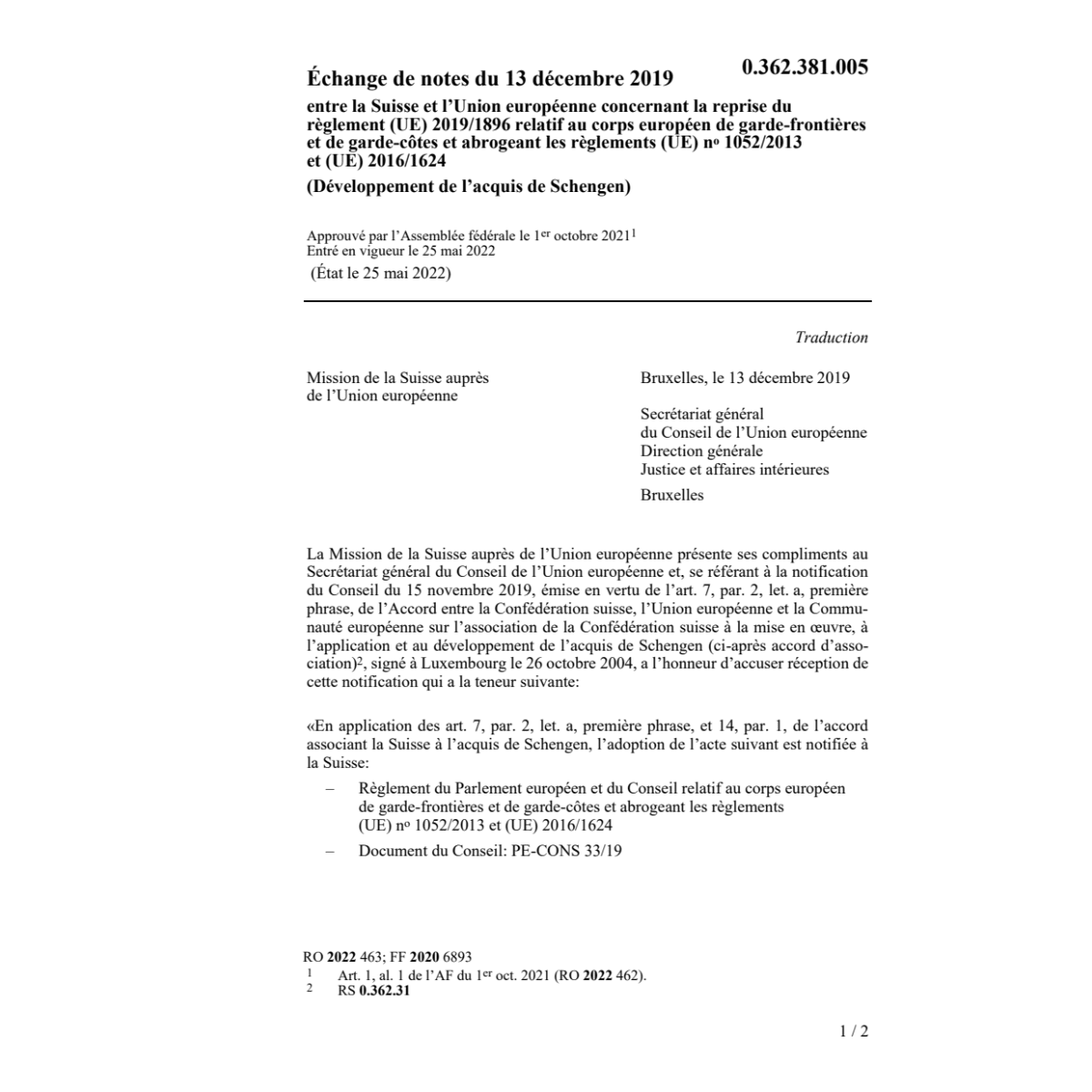 Échange de notes (EU) 2019/1896