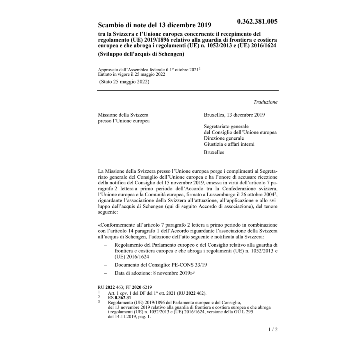 Scambio di note (EU) 2019/1896