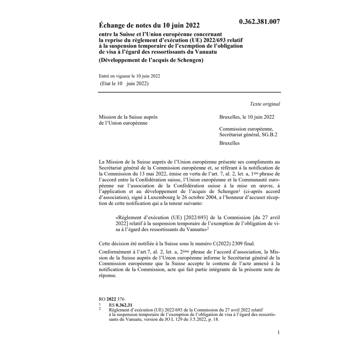 Échange notes 10.6.22 Sui Union europ.