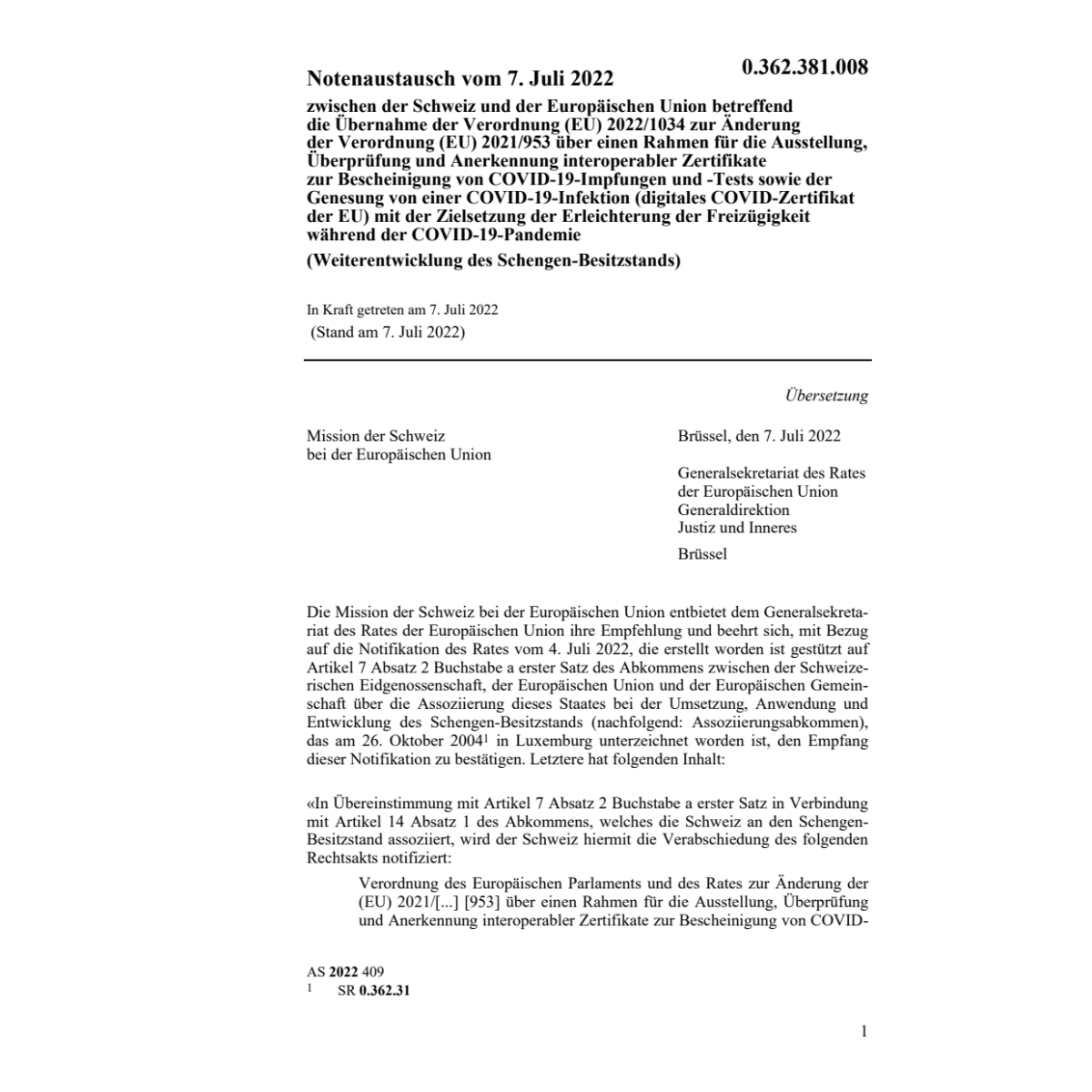 Notenaustausch CH-EU (EU) 2022/1034
