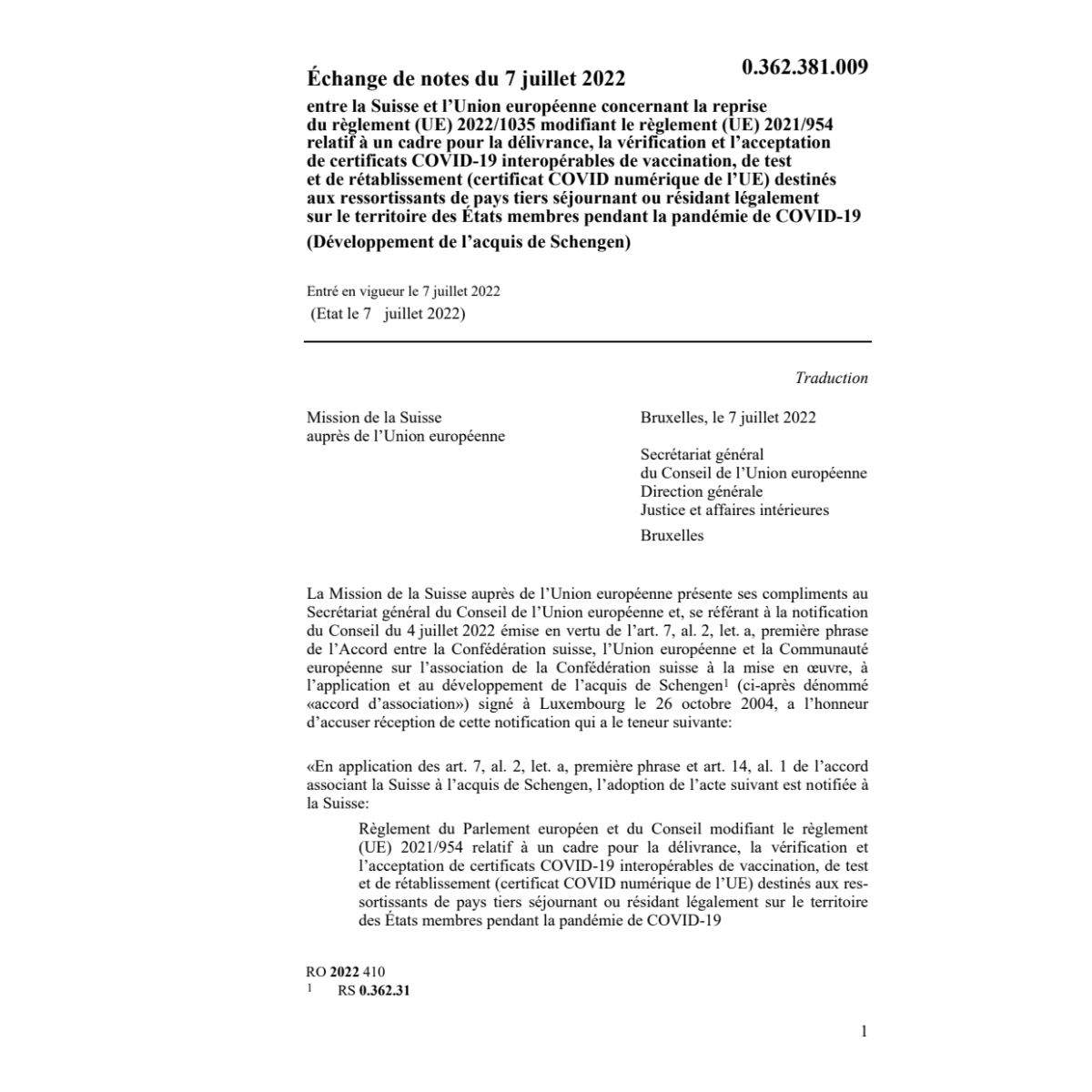 Échange de notes CH-UE (UE) 2022/1035