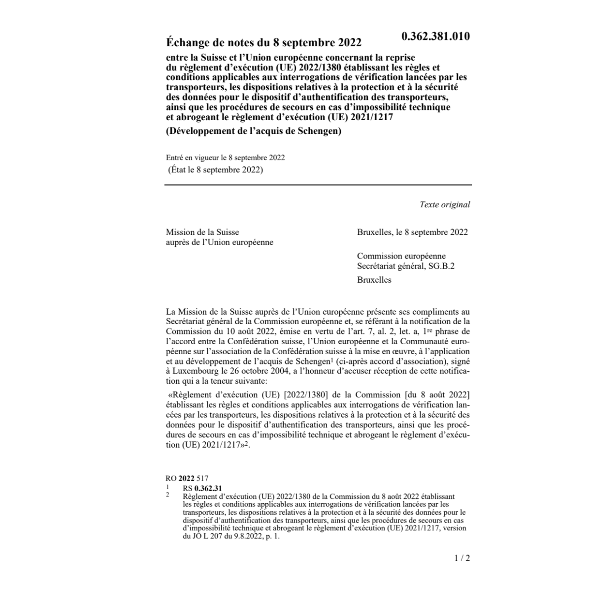 Échange notes 8.9.22 Suisse Union europ.