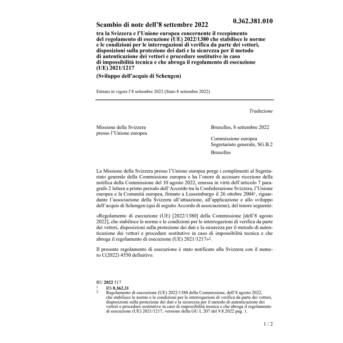 Scambio note 8.9.22 Svizzera Unione euro