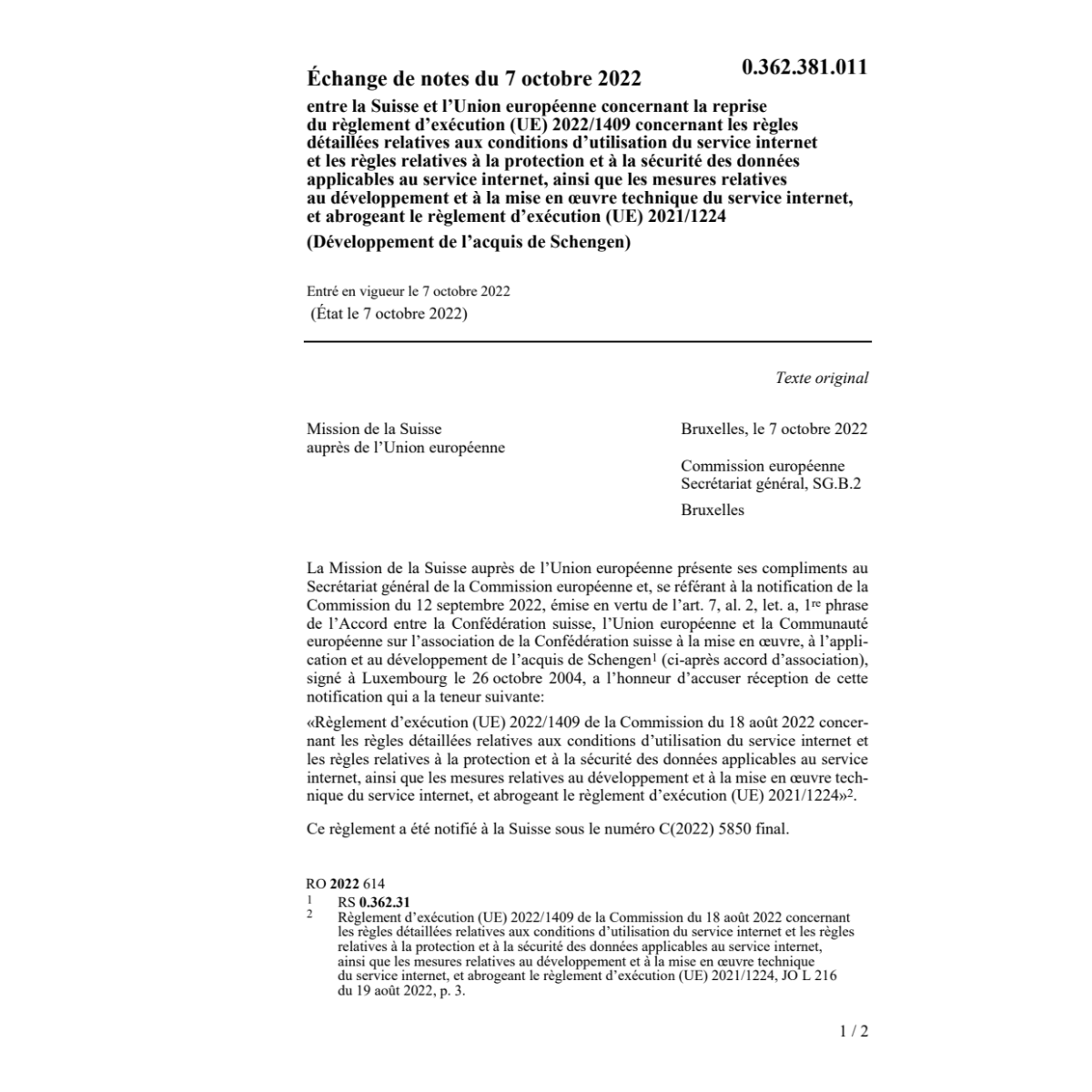 Échange de notes (UE) 2022/1409