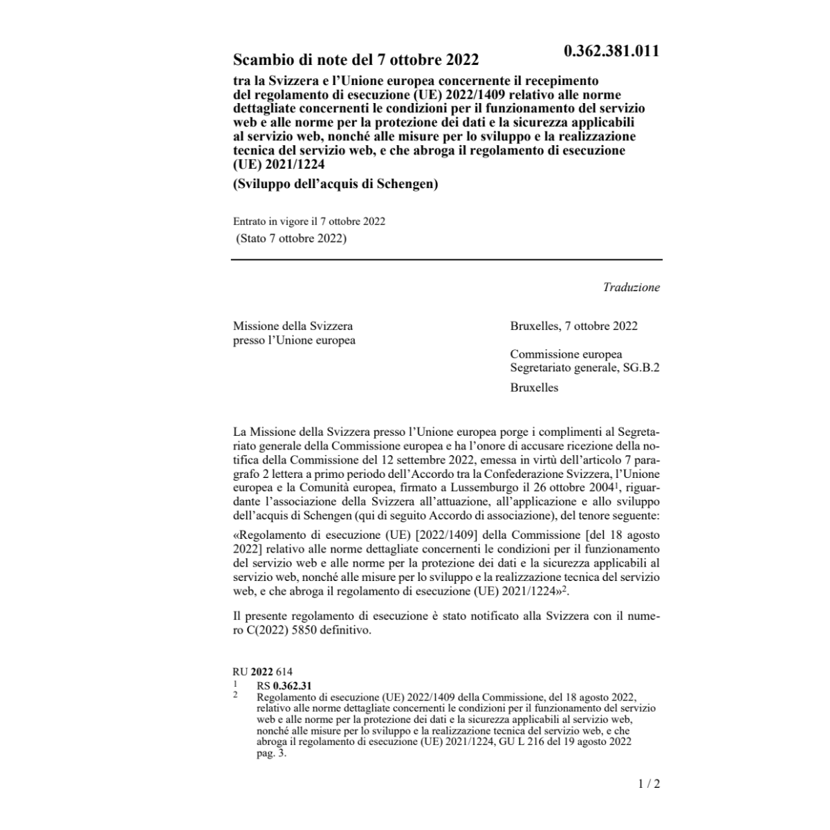 Scambio di note (UE) 2022/1409