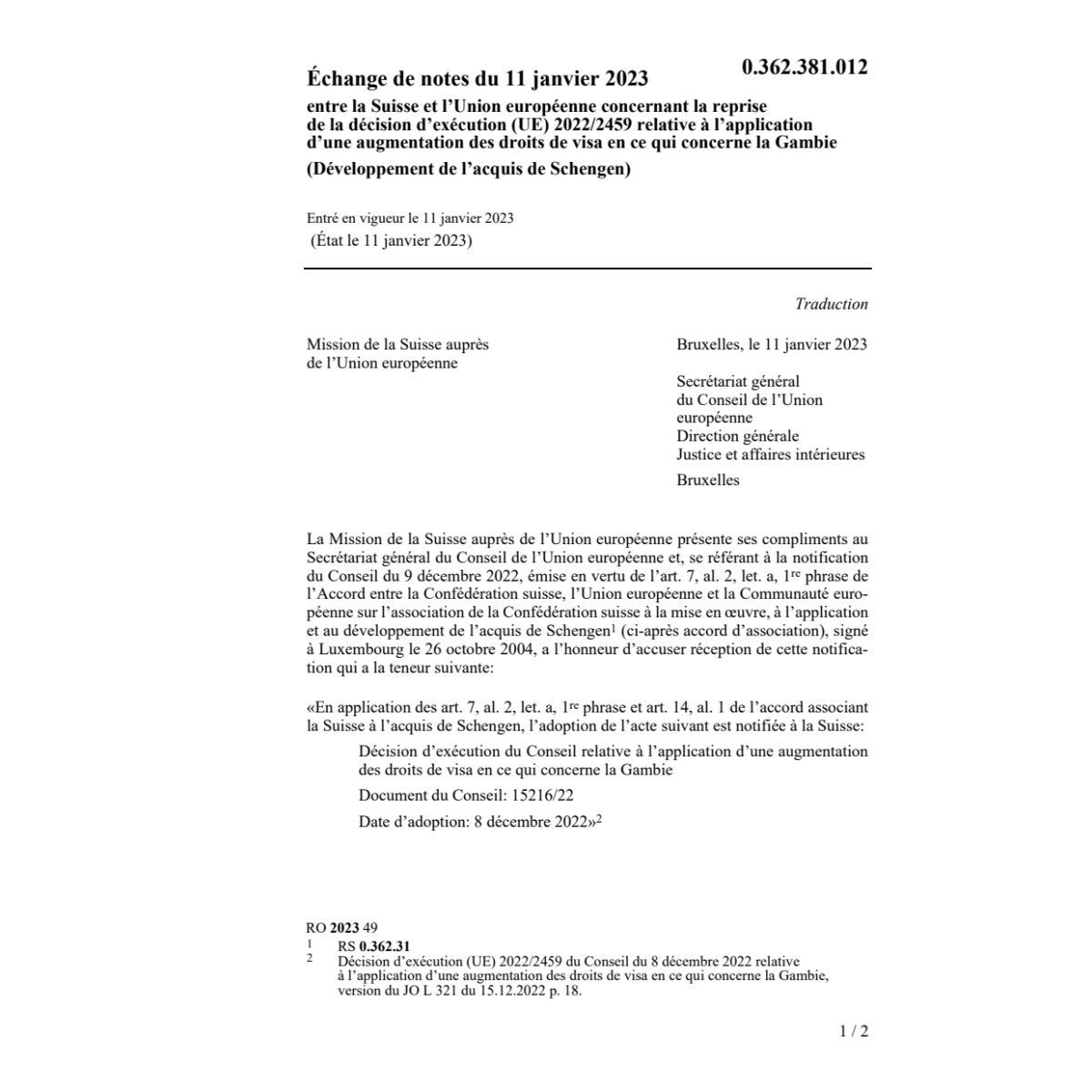 Échange de notes (UE) 2022/2459