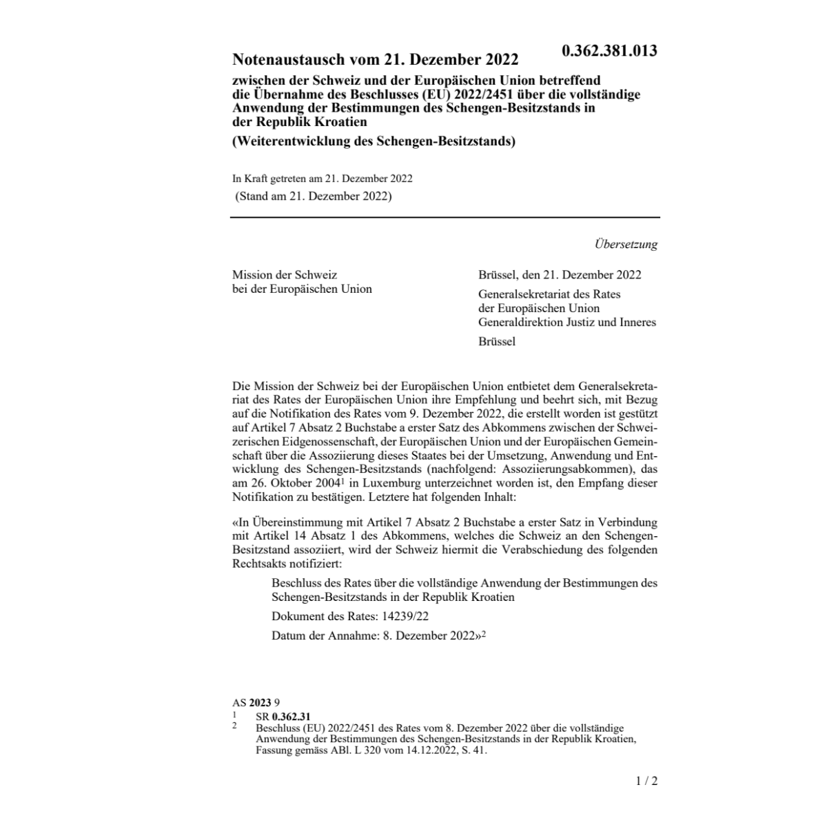 Notenaustausch (EU) 2022/2451 Schengen