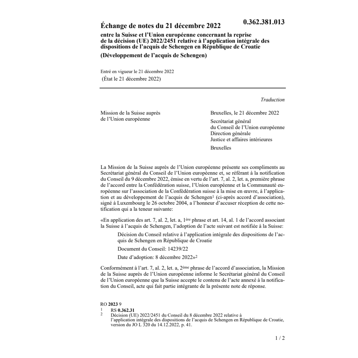 Échange de notes (UE) 2022/2451 Schengen