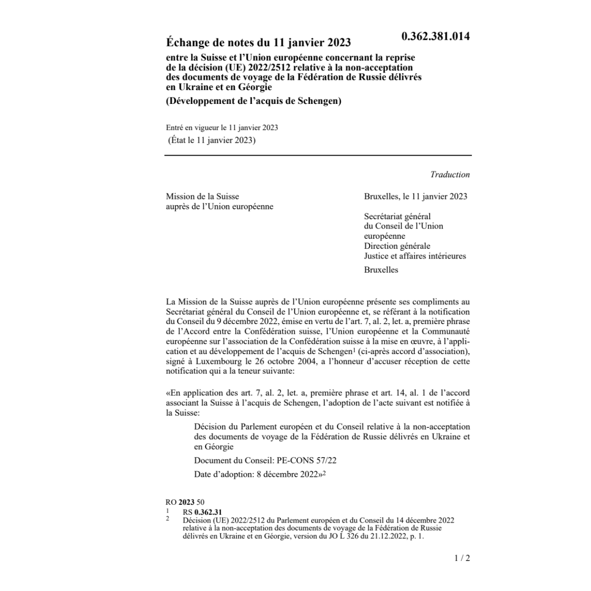 Échange de notes (UE) 2022/2512