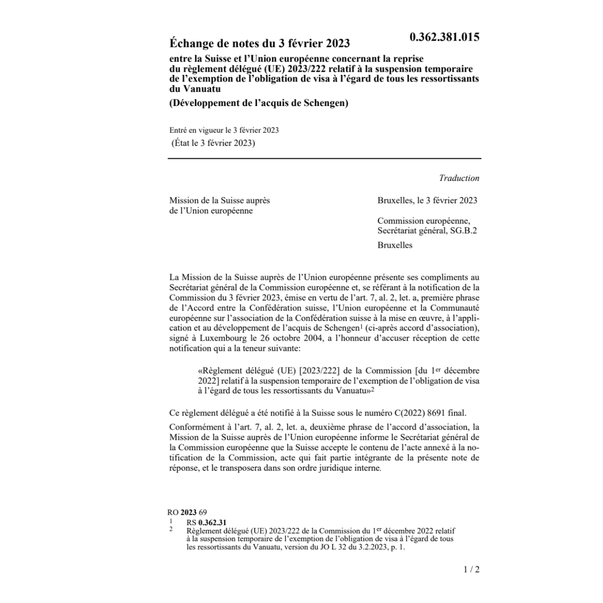 Échange de notes (UE) 2023/222