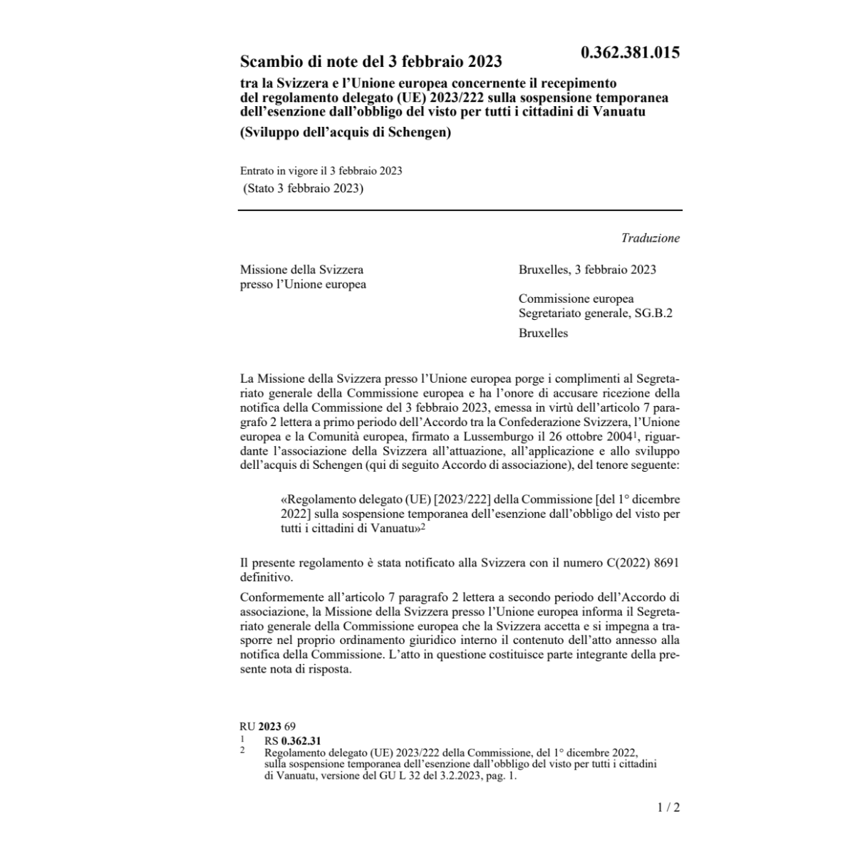Scambio di note (UE) 2023/222
